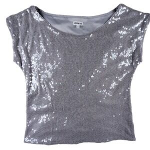 Express Women's Gray Sequin Scoop Neck Top Size M Party Event Glamoratti